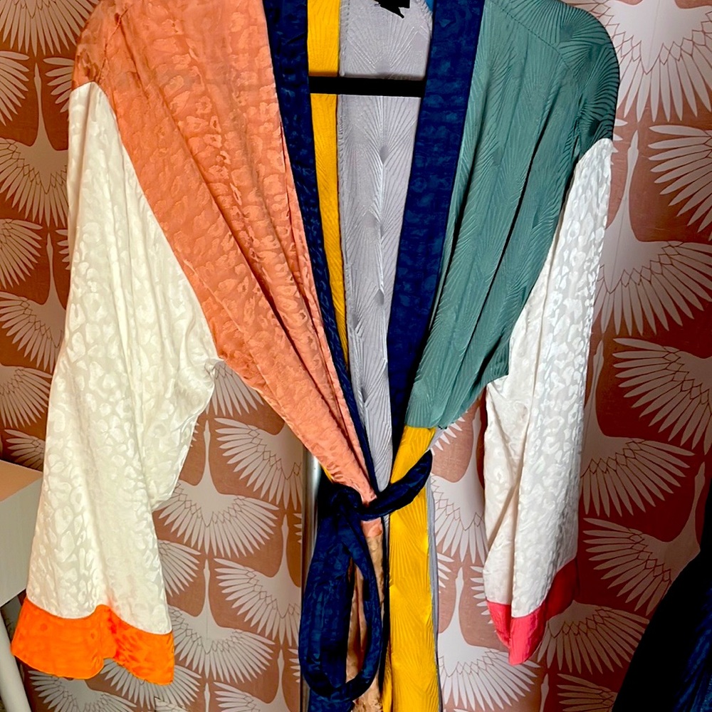 Anthropologie Current Air Color Block Animal Print Satin Kimono Duster Size: XS